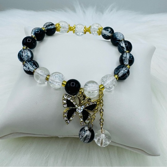 Gradient Black Beaded w/ Sparkly Bow Charm Bracelet - Small wrists - Picture 4 of 5